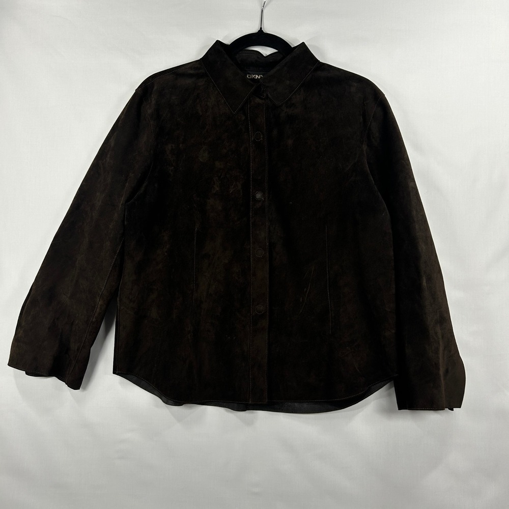 DKNY Dark Brown Genuine Suede Button-Down Jacket – Luxury Leather Shirt Jacket